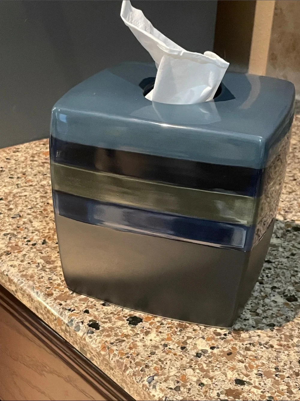 Hand Made Ceramic Tissue Box Cover. Blue Gray Striped. Famous Home Fashions.